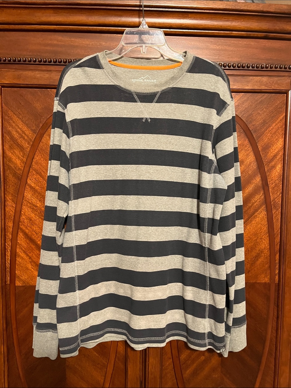 Eddie Bauer Men’s Gray and Navy Blue Wide-Stripe Long Sleeve Shirt
